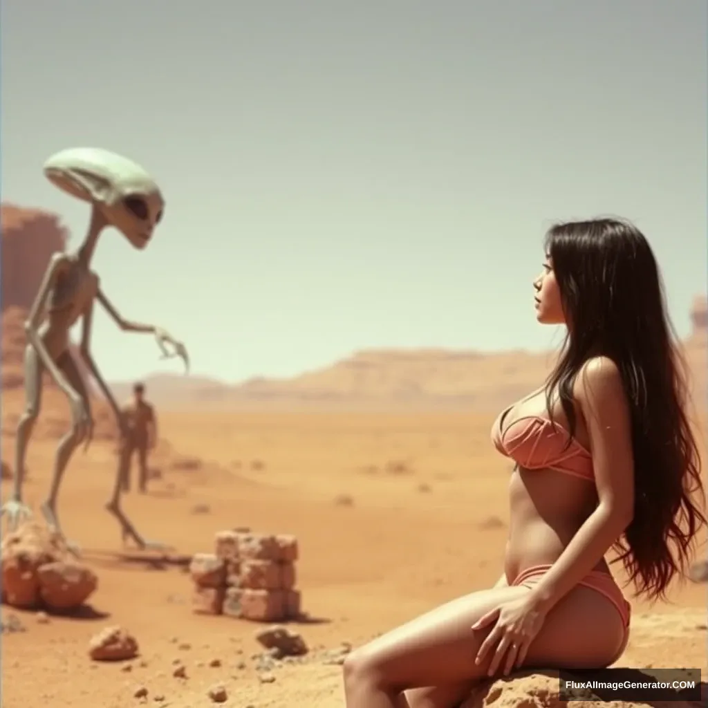 A bikini Asian girl on Mars, talking with an alien.