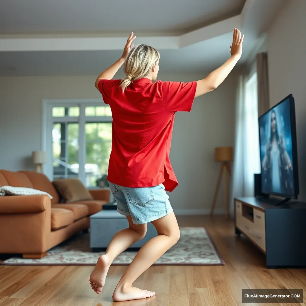 A side view of a blonde, skinny woman in her early twenties is seen in her massive living room. She is wearing an exceedingly oversized red polo t-shirt that hangs a bit unevenly on one shoulder, with the bottom part untucked. She pairs this with light blue denim shorts and is barefoot, with no shoes or socks. Facing her TV, she dives into the magical screen, raising her arms so quickly that they become blurred.