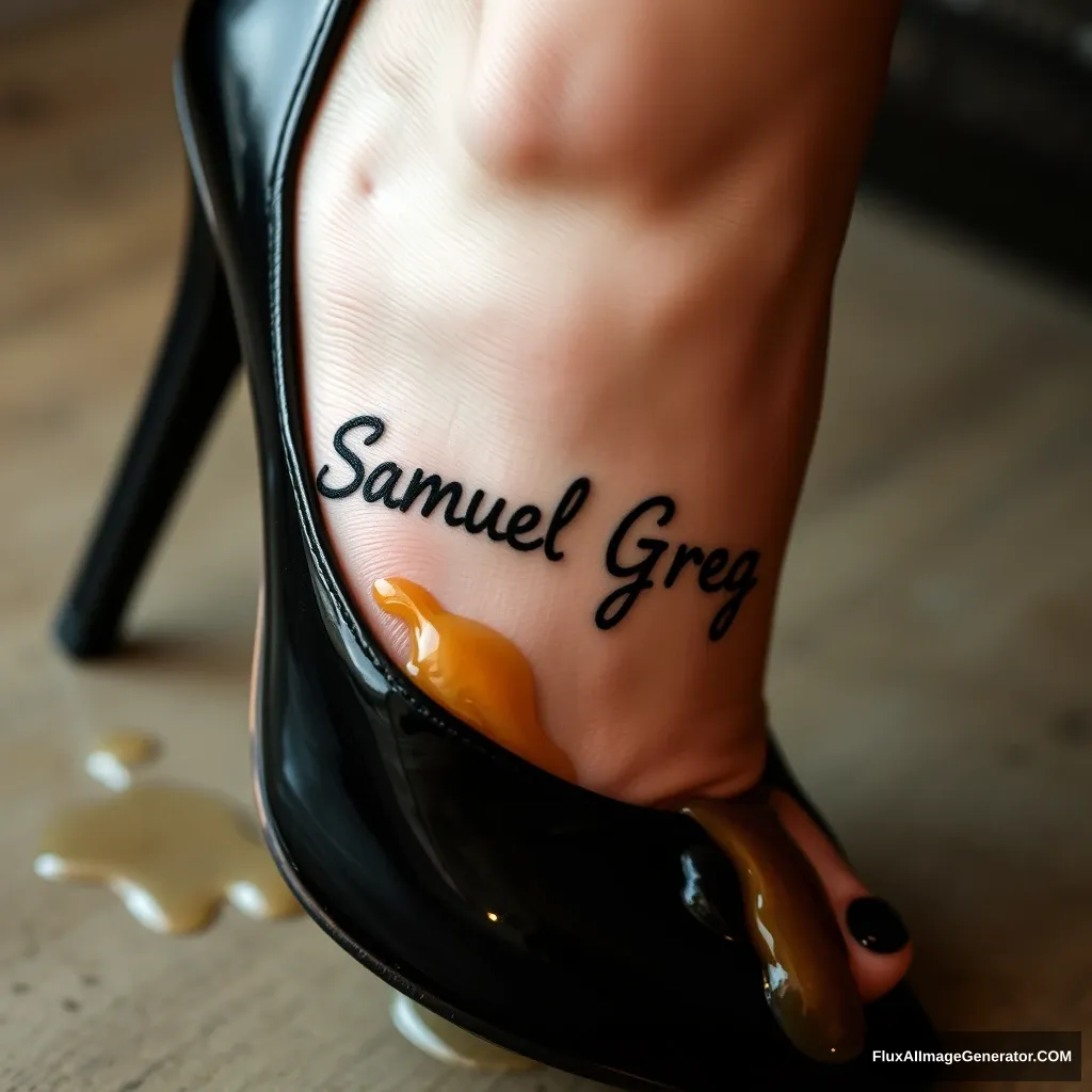 The name "Samuel Greg" on a woman's foot in a black high heel. There is oil all over the foot. - Image