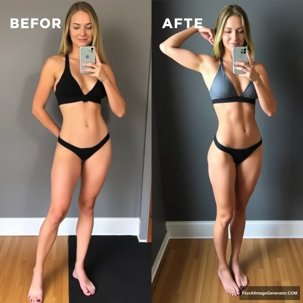 Fitness model influencer Emma's before-after photos. Her waist is tiny compared to her hips and thighs.