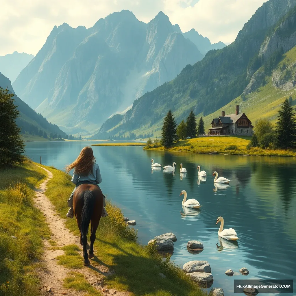 A girl leading a horse along the river. It is surrounded by huge mountains. Swans swim in the middle of the water. A path along the river leads to the house. - Image