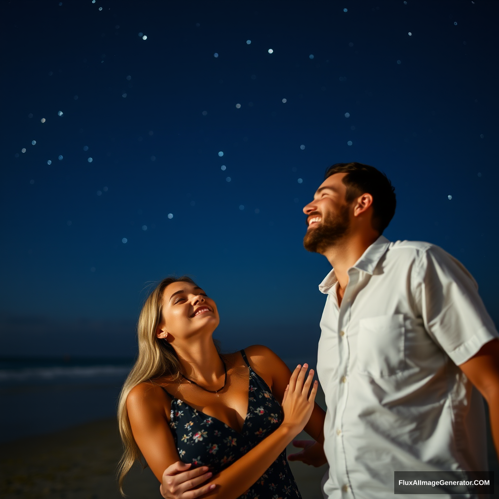 A woman with a man on the beach at night looking at the stars and smiling.