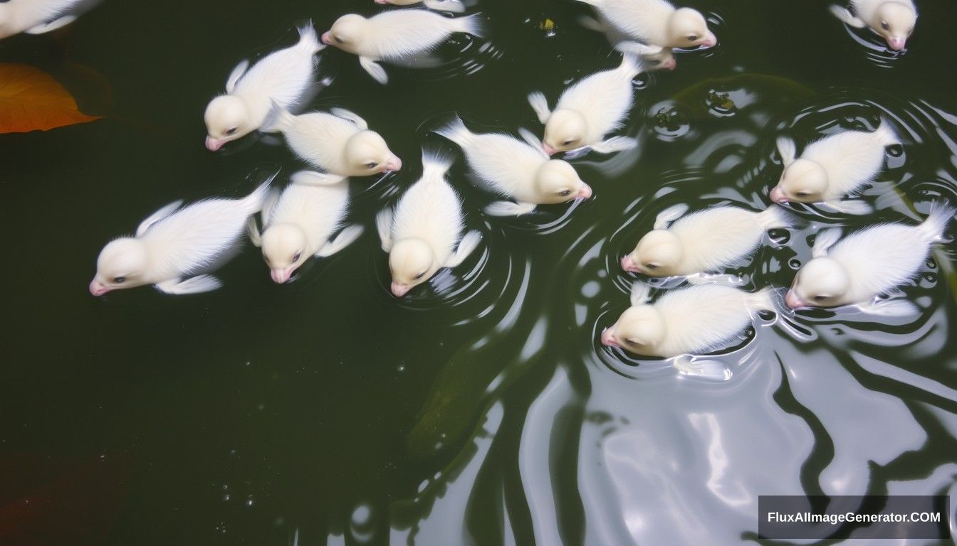 Many babies swim in the pond.