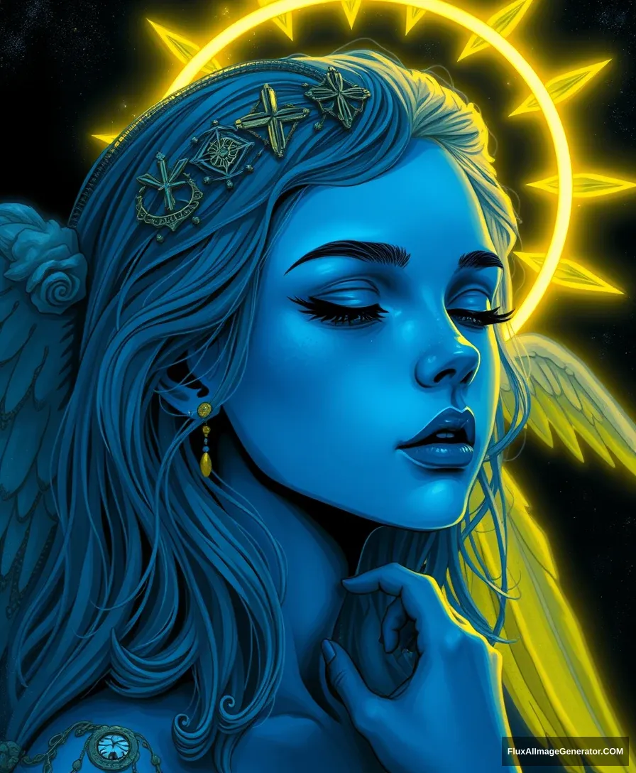 A blue girl with a gold angel halo on her head, in the style of neon realism, darkly romantic illustrations, dark white and yellow, solarpunk, I can't believe how beautiful this is, brooding mood --v 6.0. - Image