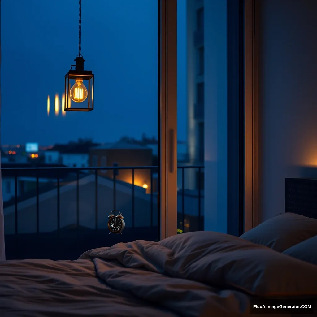 Glass window, modern apartment bedroom in France, lantern lighting, night scenery, 2:00 AM on a small clock on a small desk behind the bed, hyper realistic, photorealistic. - Image