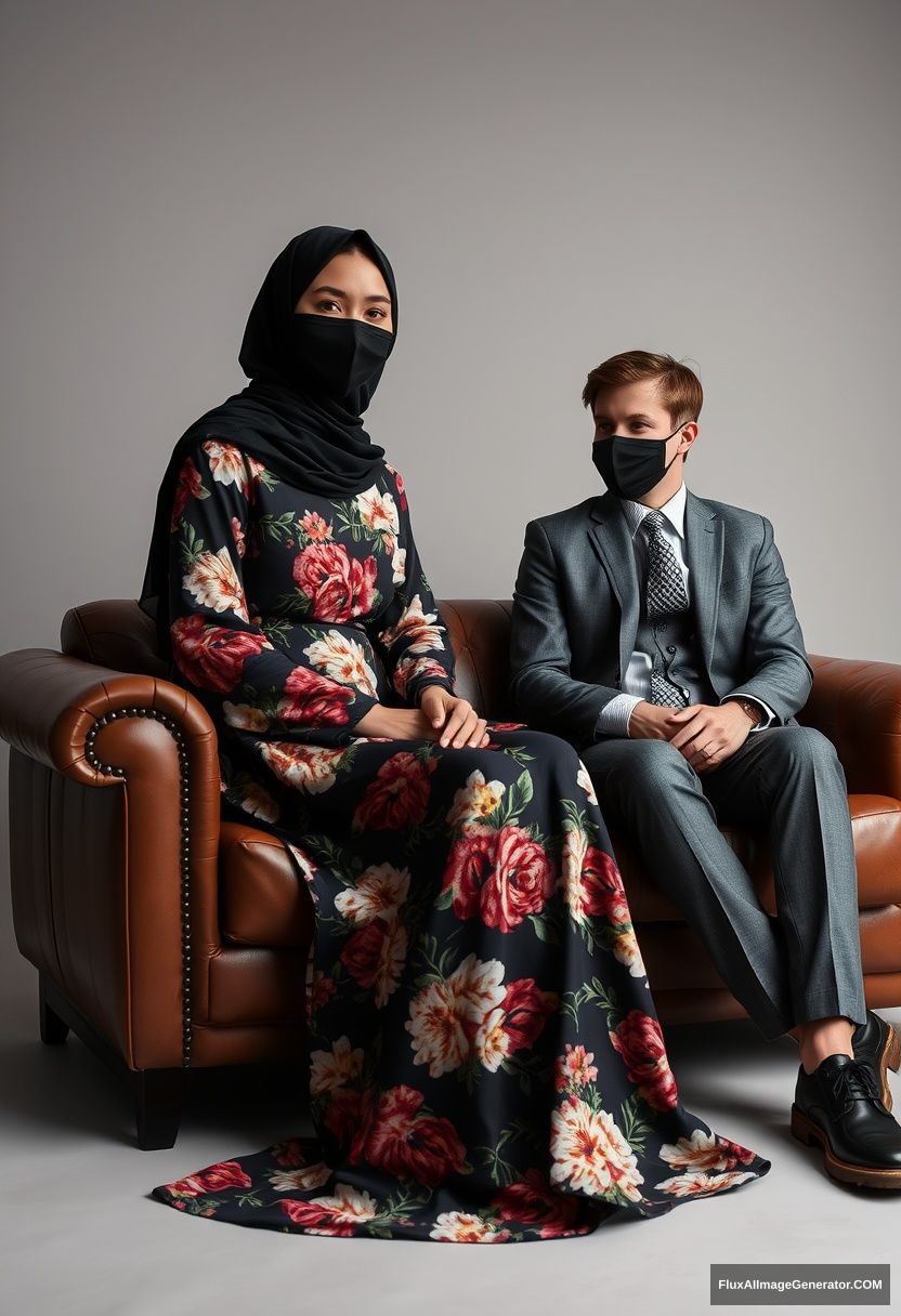 A biggest black hijab girl, slim girl, beautiful eyes, face mask black, biggest floral longest dress, sitting on leather single wing sofa,

Jamie Dornan, youngest, grey suit coat, grey pattern tie, black leather sneaker, tall man, face mask black, fit body, sitting near her,

hyper realistic, studio photography. - Image