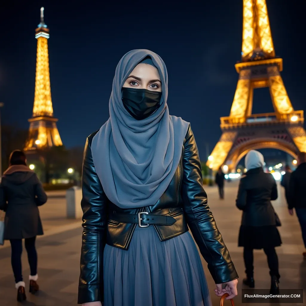 Biggest grey hijab Muslim girl, beautiful eyes, face mask black, leather jacket, biggest longest skirt, standing near Eiffel Tower, night scenery, strangers back, hyper realistic, photorealistic, street photography, hold someone's hand.