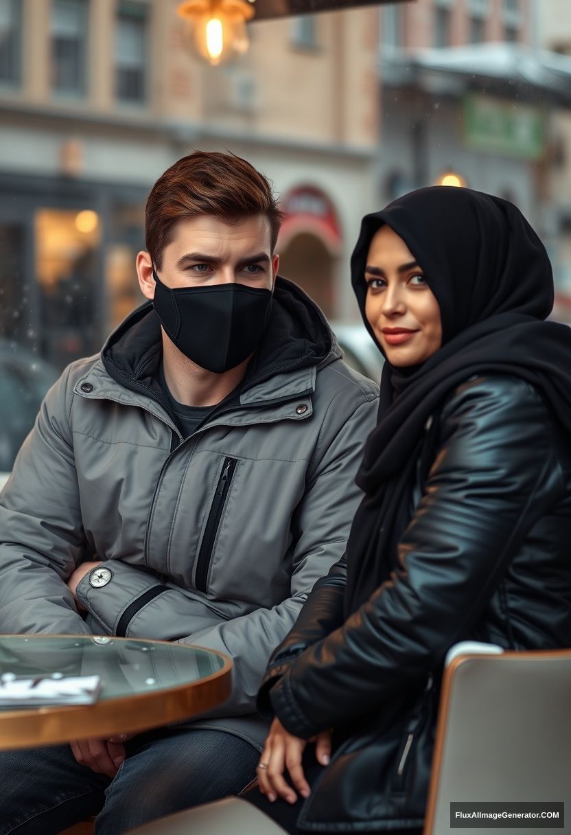 Jamie Dornan, handsome, young, wearing a black face mask, snow jacket, jeans, dating a beautiful Muslim girl in a black hijab with beautiful eyes, also wearing a black face mask, black leather jacket, in a winter scenery, sitting in a cafe near a glass window in a gloomy town, photorealistic, street photography. - Image