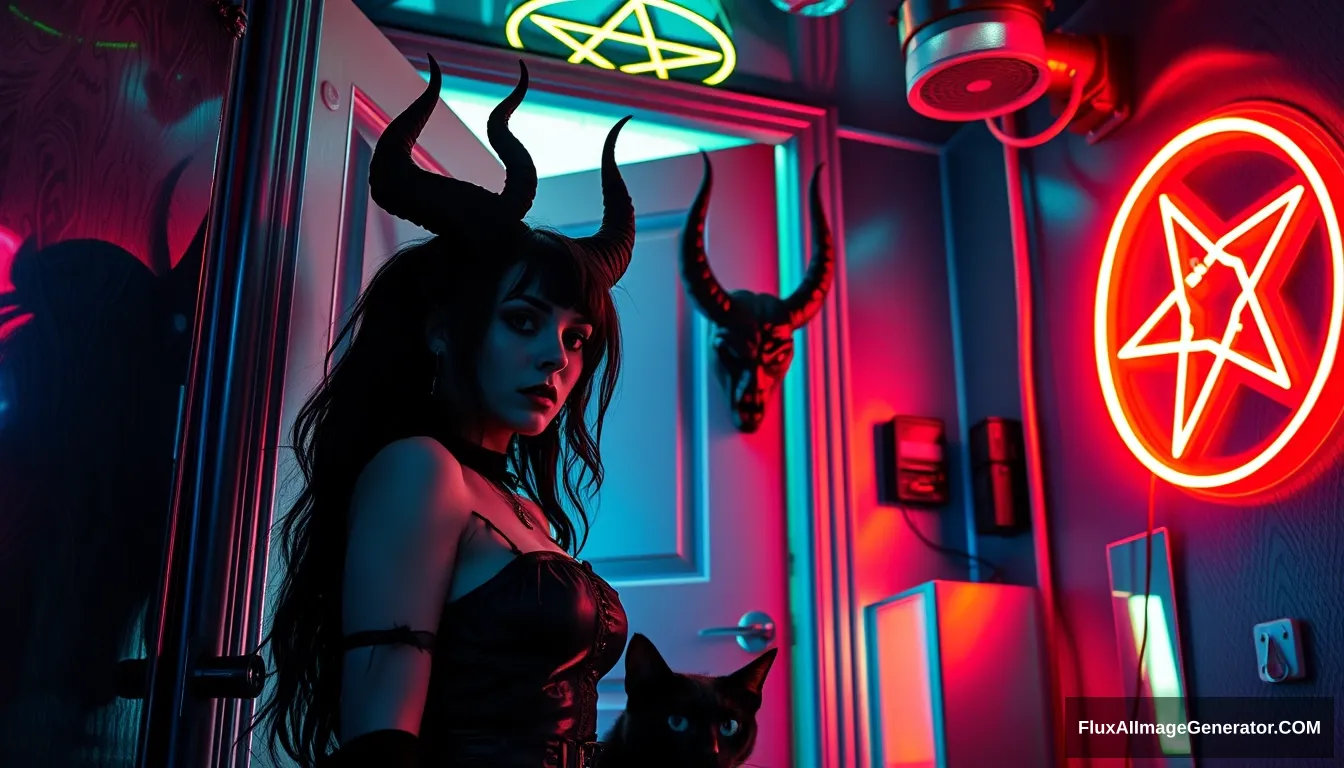 Portrait of a couple: Beautiful goth woman, and a black demon steps through a glowing door into a dimly lit cyberpunk room with vibrant neon hues reflecting off metallic surfaces, neon pentagrams on the wall and ceiling, black cat lurking.