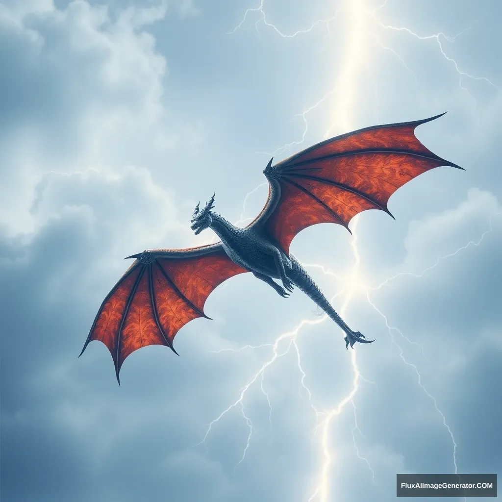 Generate a square image of a dragon soaring in the sky with lightning surrounding it. - Image