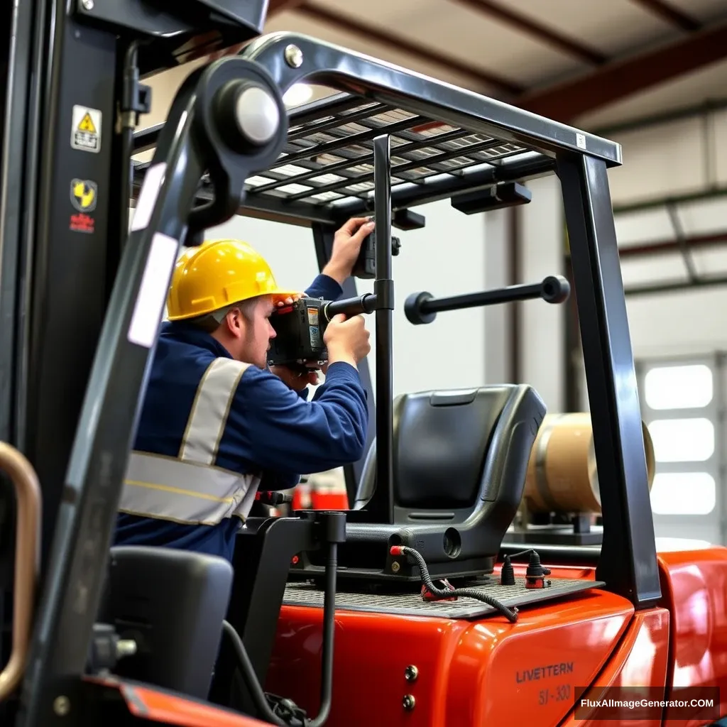 The worker is installing a positioning system on the forklift.