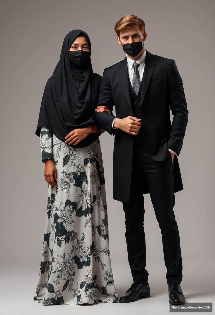 A biggest black hijab girl, beautiful eyes, face mask black, biggest white floral longest dress, not tall, standing, holding his arm

Jamie Dornan, youngest, black suit coat, white shirt, grey patterned tie, black leather sneakers, tall man, face mask black, fit tough body, standing near her, love couple

hyper-realistic, studio photography, photorealistic - Image