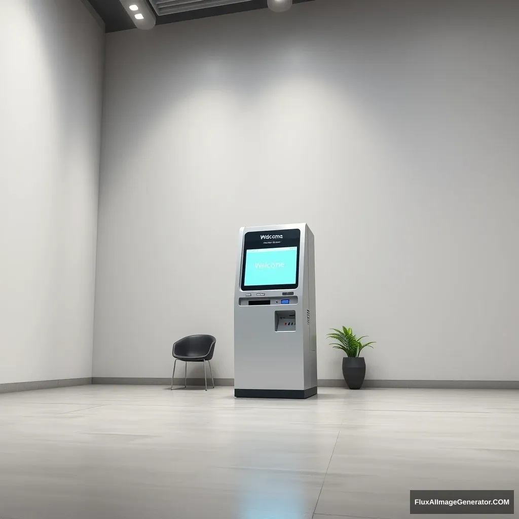 Create a highly detailed, photorealistic image of an Intelligent Teller Machine (ITM) standing alone in a large, mostly empty room. The ITM should have a sleek, modern design, with a touch screen interface, a card slot, and a cash dispenser, all integrated into a streamlined, high-tech exterior. The machine's screen should be lit, displaying a welcome message or a simple interface, indicating it is ready for use.

The room itself is spacious, with high ceilings and minimalist decor, creating a sense of isolation and focus on the ITM. The walls are a neutral color, such as light gray or white, with a subtle texture, and the floor is polished concrete or tile, reflecting the soft lighting in the room. The lighting is minimal, with a few overhead lights casting a gentle glow, highlighting the ITM and creating soft shadows around it.

There should be few other elements in the room—perhaps a single chair or a small potted plant in the corner—to emphasize the ITM's solitary presence. The overall atmosphere is calm and quiet, with a slight futuristic feel, drawing attention to the ITM as the central focus of the image.

The color palette should be neutral and modern, with the ITM's screen providing the only bright colors in the scene. The image should evoke a sense of modern technology, efficiency, and the ITM's role as a reliable, standalone unit in a minimalist environment.