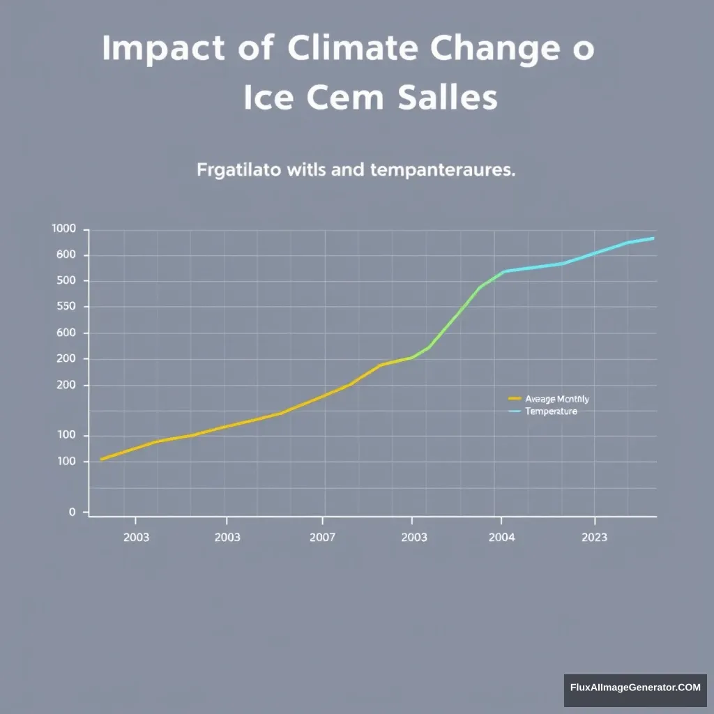 "Generate a detailed line graph illustrating the relationship between average monthly ice cream sales and average monthly temperatures over the past 20 years. Include the following elements:

1. Title: ‘Impact of Climate Change on Ice Cream Sales’
2. X-axis: ‘Year’ with labels for each year from 2003 to 2023.
3. Y-axis on the left: ‘Average Monthly Ice Cream Sales (in units)’ with appropriate scale.
4. Y-axis on the right: ‘Average Monthly Temperature (°C)’ with appropriate scale.
5. Two data series: one line for ice cream sales and another for temperature.
6. Legend identifying the two data series.
7. Clear, distinguishable colors for each data series.
8. Gridlines for better readability.
9. Annotation for significant events (e.g., heatwaves, major climate agreements) that may have impacted sales or temperature." - Image