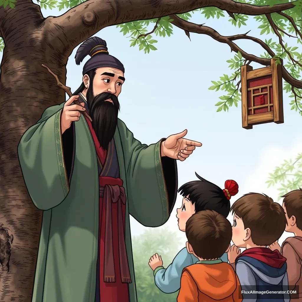 A Chinese figure, clad in Tang Dynasty robes, uses a tree branch as a pointer, gesturing toward a wooden board hanging from a tree while gently teaching a group of curious children. - Image