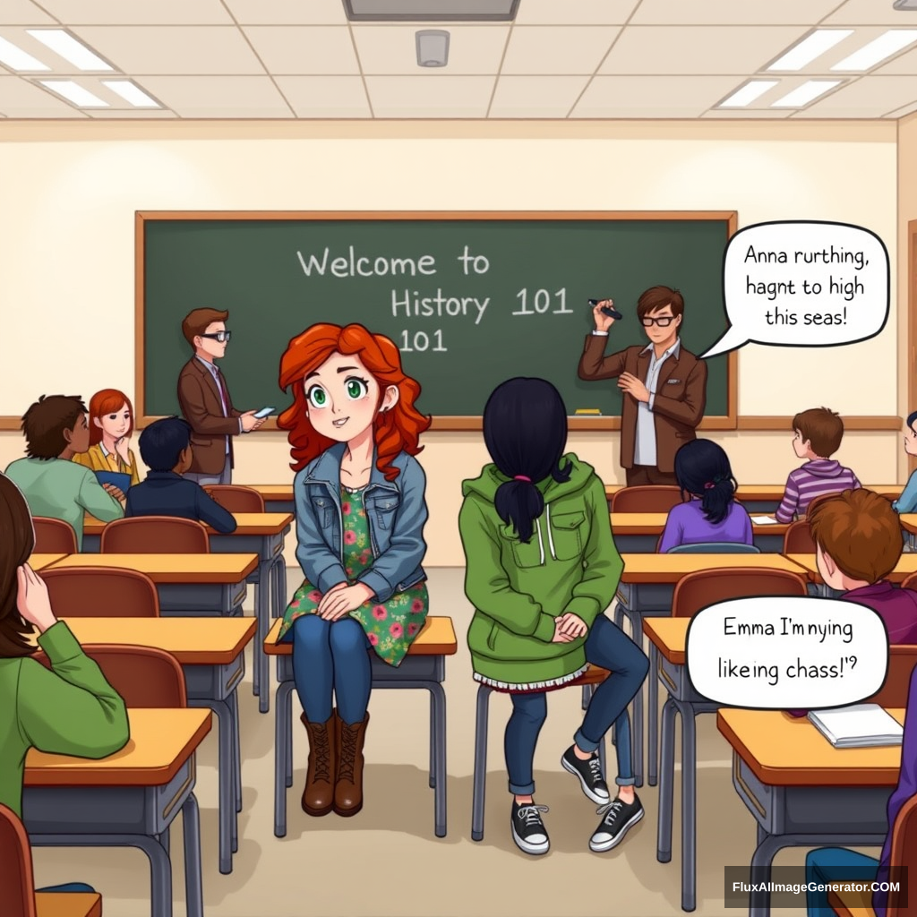 Scene: A classroom filled with desks and a chalkboard at the front. The teacher is writing on the board. Students are seated, some chatting.
Characters: 
Emma: Slightly taller, curly red hair loose, wearing a denim jacket over a floral dress and boots. Sitting next to each other at a desk in the middle of the room. while Emma looks eager.
Anna: Medium height, straight black hair in a ponytail, wearing a green hoodie, jeans, and sneakers. looks a bit shy
Mr. Thompson (Teacher): Mid-40s, glasses, wearing a brown suit, writing "Welcome to History 101" on the board.
Dialog:
Mr. Thompson: Speech bubble saying "Good morning, everyone. Welcome to your first day of high school!"
Emma: Speech bubble saying "I think I'm going to like this class."