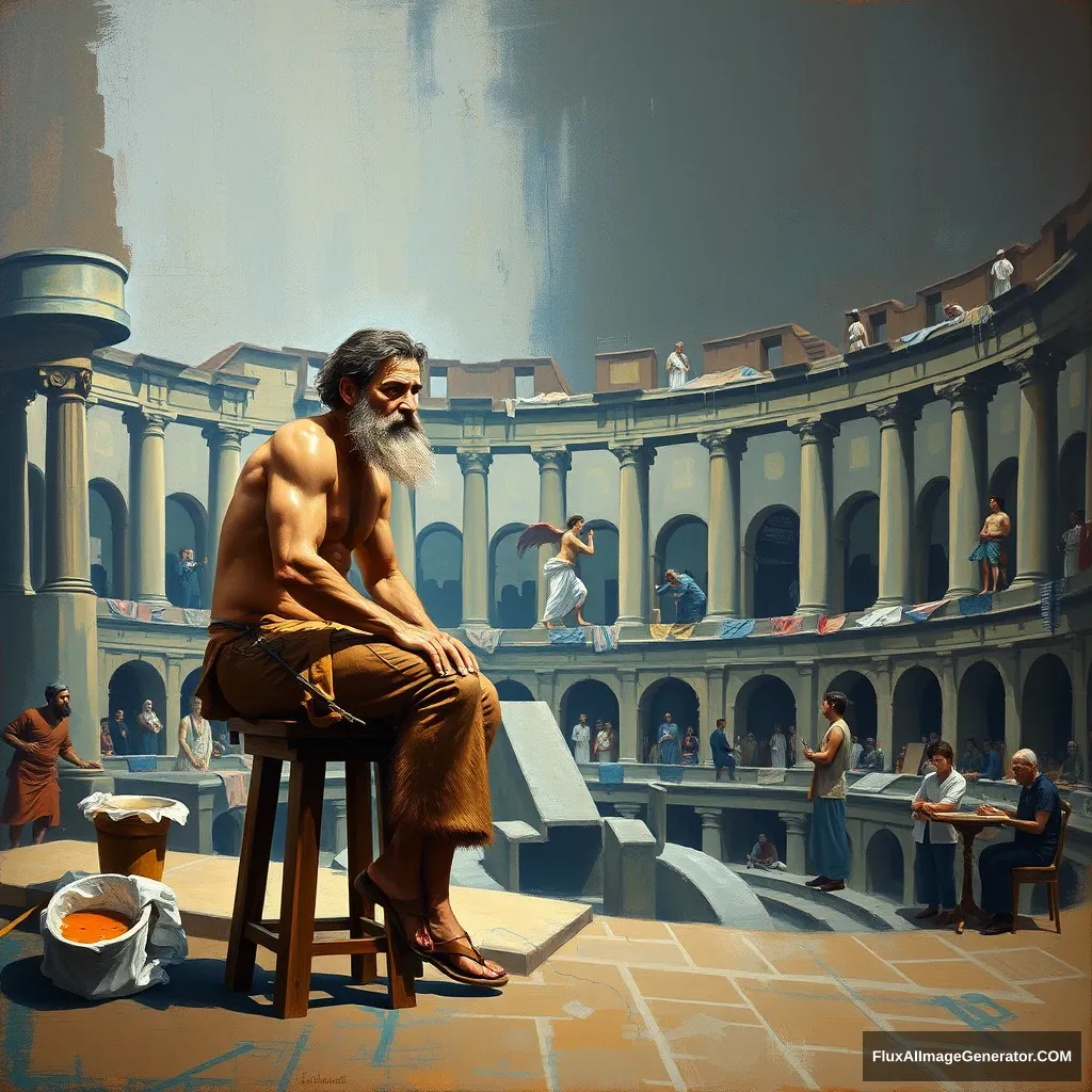 oil paint, ancient greece, abstract expressionism, ((a man with a beard sitting on a stool, by Alexander Fedosav, reddit, mannerism, furry brown body, middle eastern skin, giant stunning goddess shot, in a coliseum)) - Image