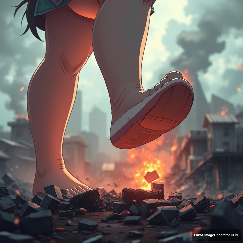 A gigantic, growing anime woman with a massive upper body is stomping her foot on a crushed city. Pixel art style, barefoot, with depth of field bokeh, destruction, smoke, debris, motion blur, water droplets, and fog. - Image