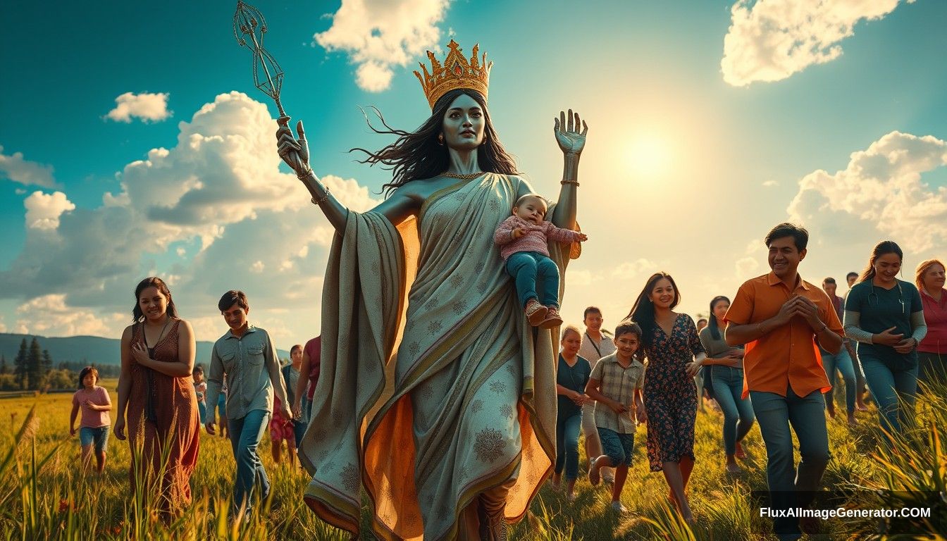 A powerful and inspiring image depicting the concept of freedom and food sovereignty. In the foreground, a goddess symbolizing decentralization leads the people towards a bright future, reminiscent of the iconic painting 'Goddess Leading the People.' The lady appears mostly human, with only about 10% of her body showing robotic elements. She is surrounded by families and individuals who are joyous and supportive, embracing and helping each other. The scene is vibrant and full of hope, capturing the essence of unity, progress, and decentralized, family-based agricultural production.