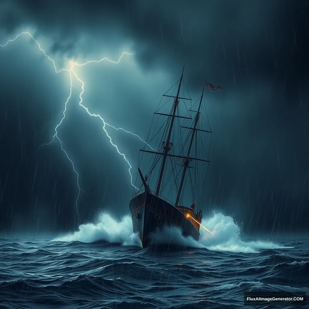 "A ship sailing in a storm, dark sky, heavy rain, lightning." - Image