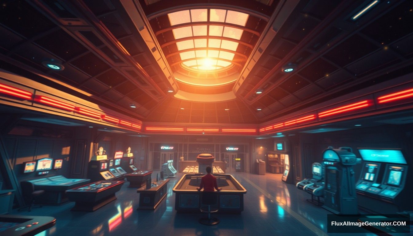 Cel shaded art, wide shot, from above, Dutch angle, from the side, perspective, intense angle, depth of field, space, universe, space station, lobby, sunlight, retro, 70s, indoor, night, star, neon, warm light, game room, entertainment, glass ceiling. - Image