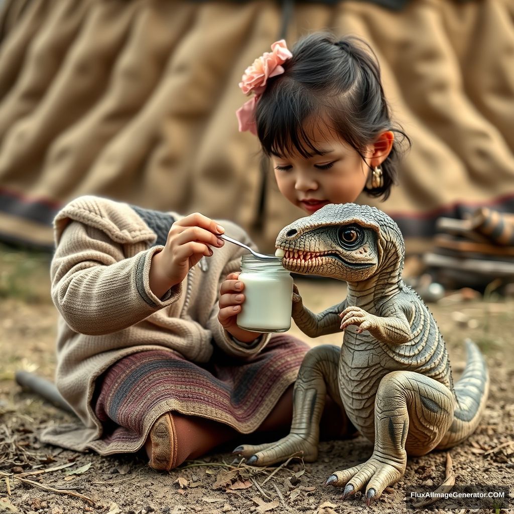 A little Mongolian girl is sitting on the ground and feeding a little baby dinosaur T-rex cub Mongolian yogurt from a glass jar with a spoon, and stroking its head, Mongolian yurts, steppe Gobi Mongolia, realistic photo, 4K, masterpiece, intricate, highly detailed.