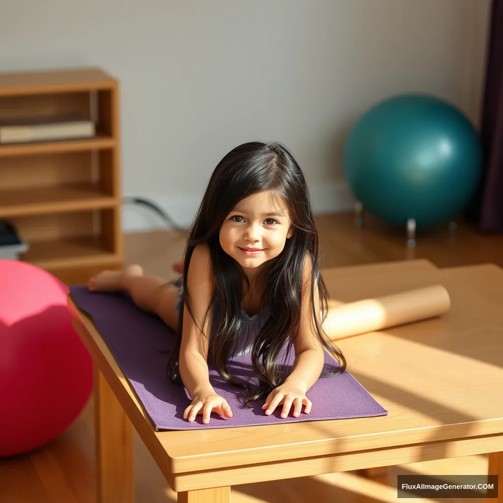 Girl on table, black hair, yoga mat, yoga ball.