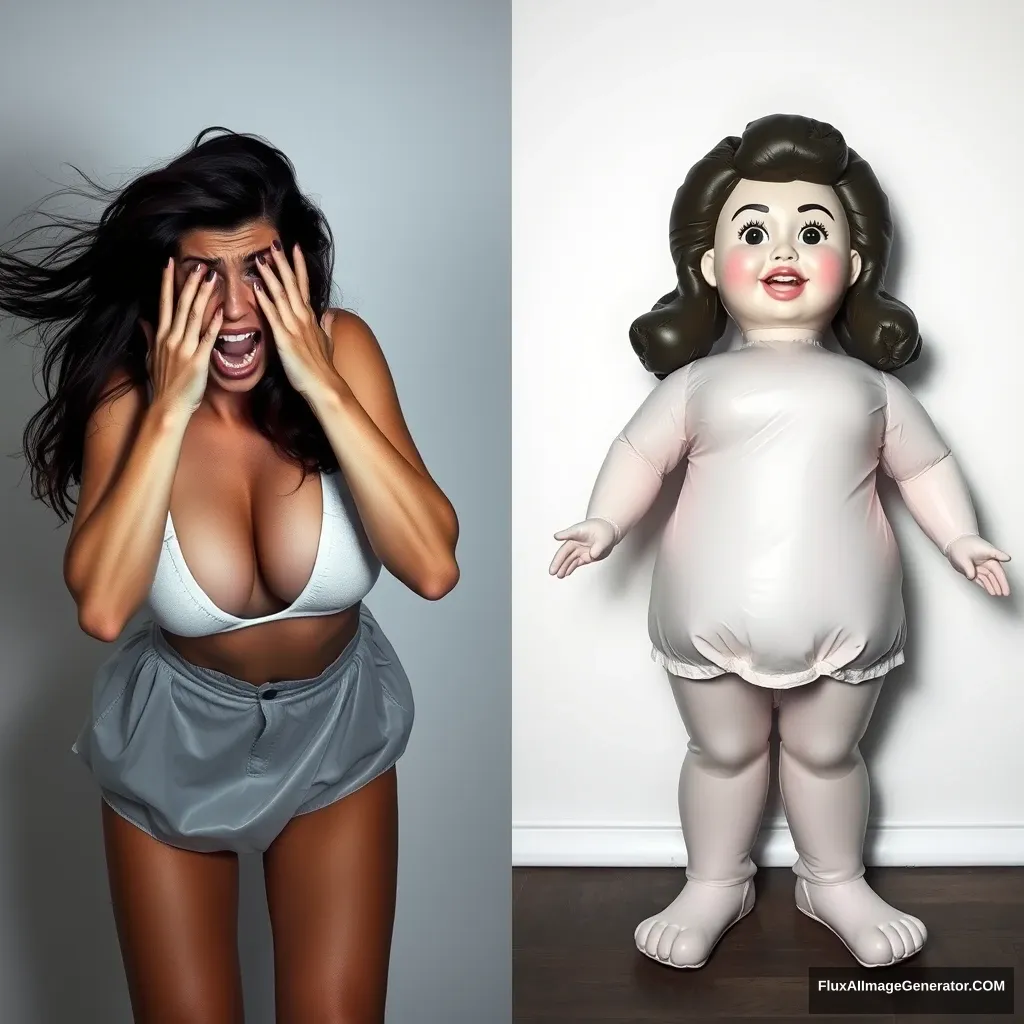 The photograph clearly depicts a glamour model panicking and freaking out as she is turned into an inflatable doll from left to right with stark contrast.