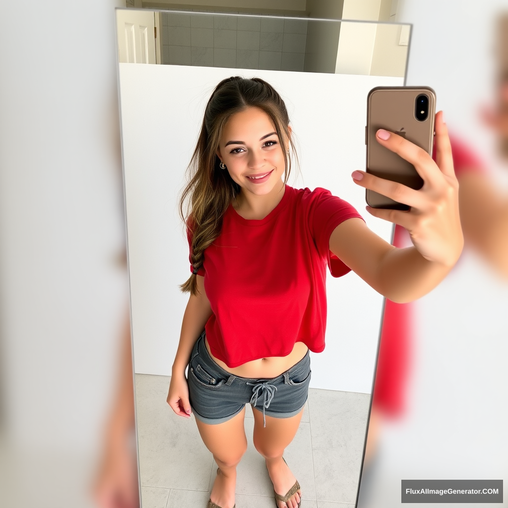 A very pretty skinny 28-year-old Ally Hinson with brown hair tied back in a ponytail, wearing a red t-shirt and sandals with shorts, taking a selfie. - Image