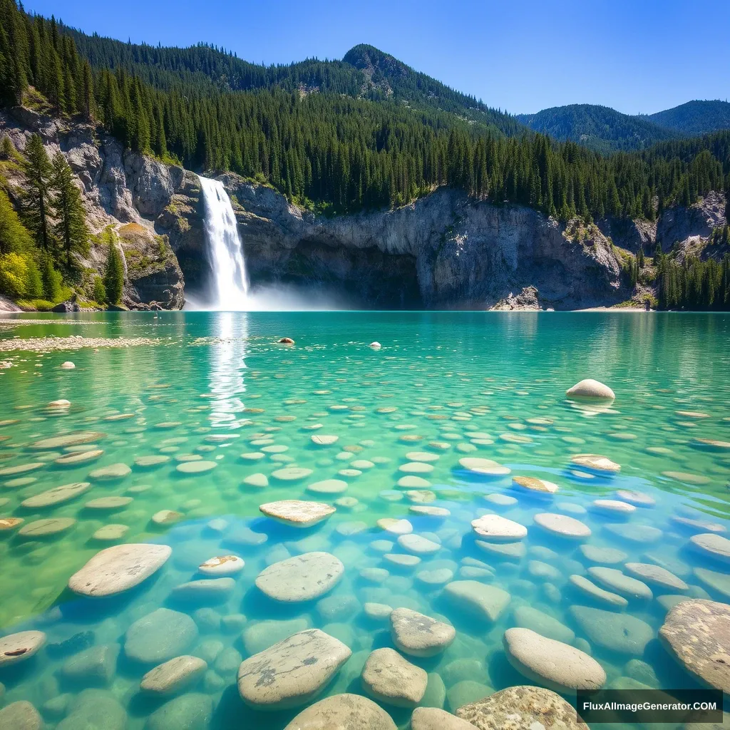 A clear lake surface, scattered with many colored stones, a huge waterfall, tall mountains covered with green trees, and a blue sky.