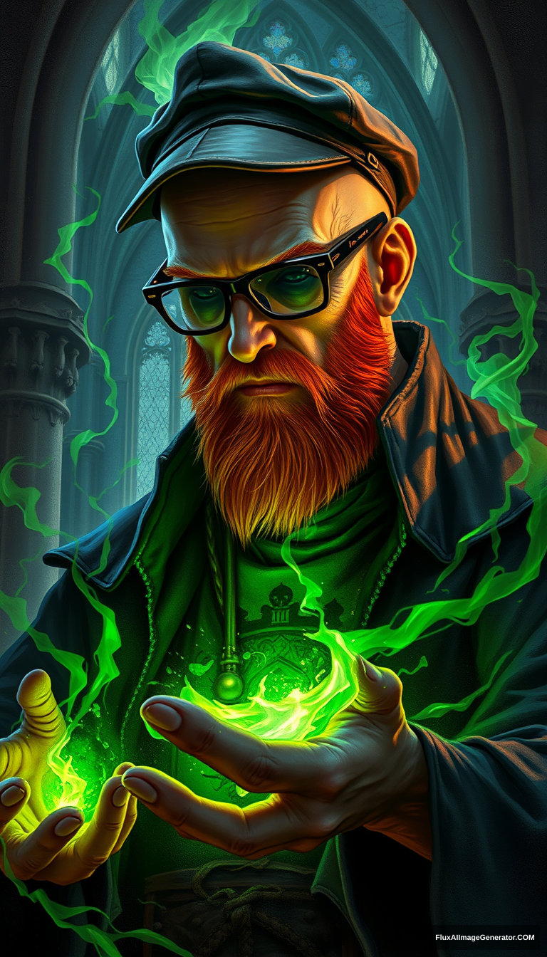 A bald human necromancer with a fiery ginger beard, flat cap, and aviator glasses undergoes a demonic transformation. His skin cracks, revealing obsidian beneath as he performs a lich ritual. Ethereal green energy swirls around him in a gothic cathedral. Dark fantasy oil painting style.