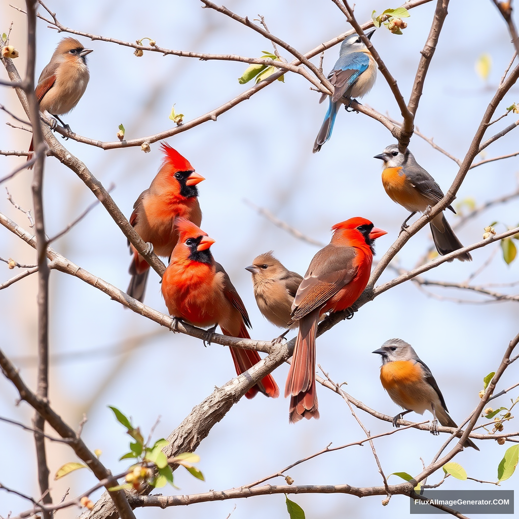 Tree cardinals, brown thrashers, wrens, blue jays, robins on branches.