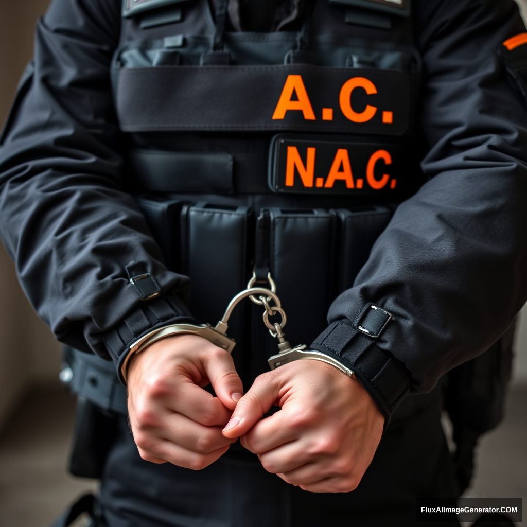 A soldier in black gear with a black and orange inscription N.A.C. on his vest is wearing steel handcuffs, a shot of his hands in handcuffs in front of him.