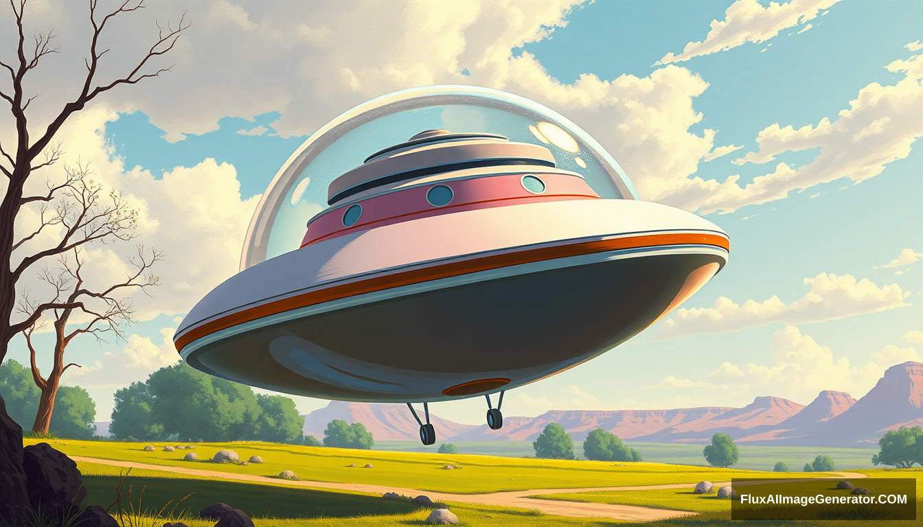 A flying disk as seen on the "Jetsons" cartoon, as painted by Syd Mead, country setting, 4k, bubble canopy, retractable landing gear.