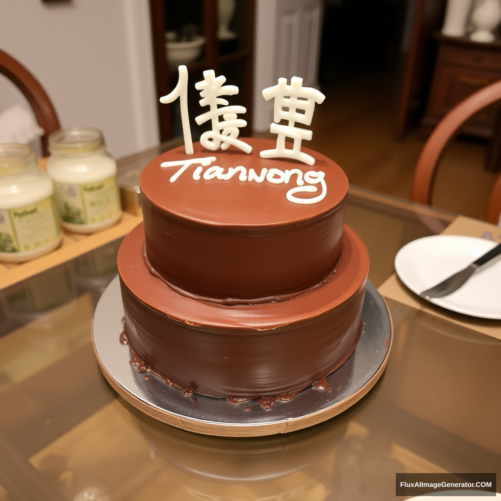 A chocolate cake with the words "Tianlong" written on it, three layers high, placed on the dining table at home.