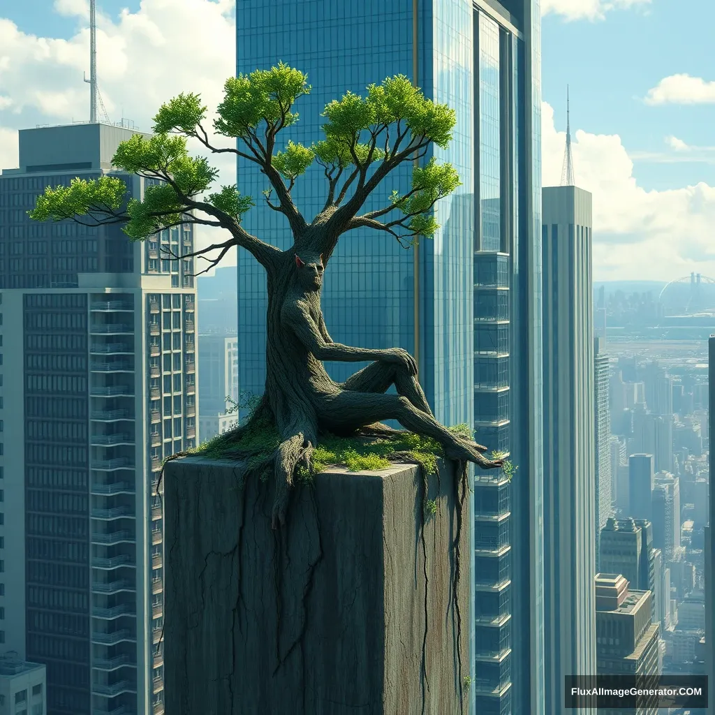 A tree elf sits on a bustling urban skyscraper.