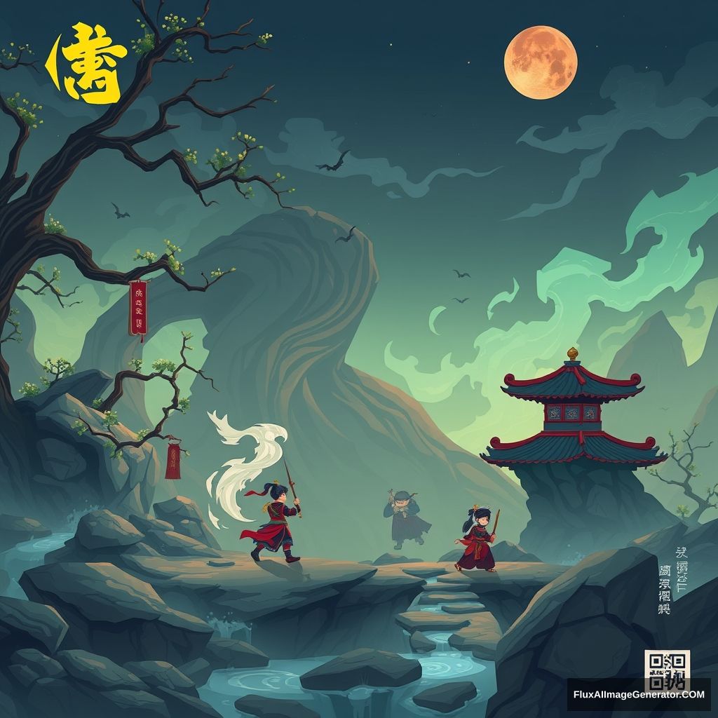 "A 2D side-scrolling game scene in the style of Chinese mythology and immortal cultivation."