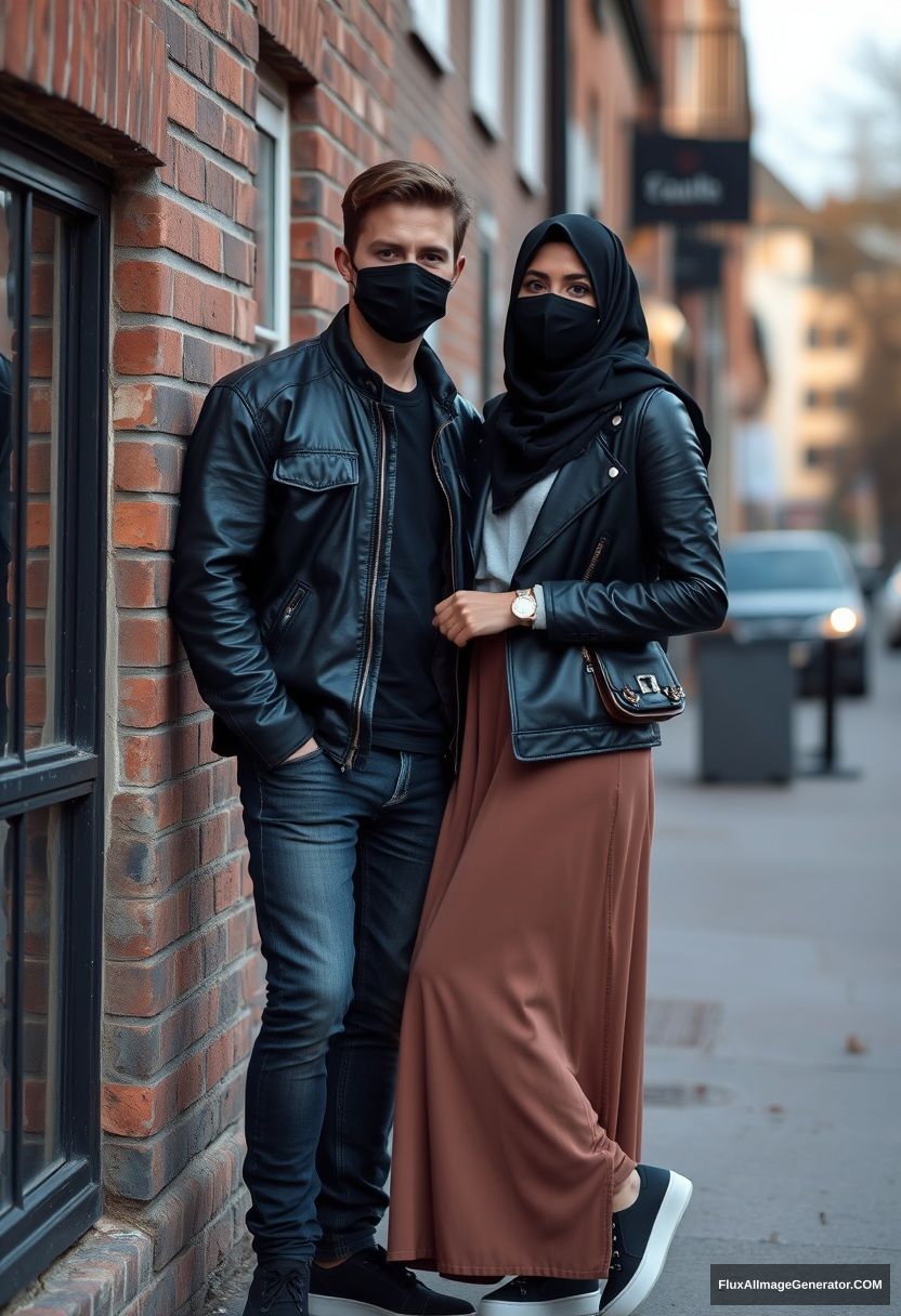 Jamie Dornan, handsome, young, black face mask, collage jacket, jeans, dating a beautiful Muslim girl in a big black hijab with beautiful eyes, wearing a black face mask, black leather jacket, sneakers, and a long skirt standing and leaning against a brick wall in town during the morning scenery, photorealistic street photography.