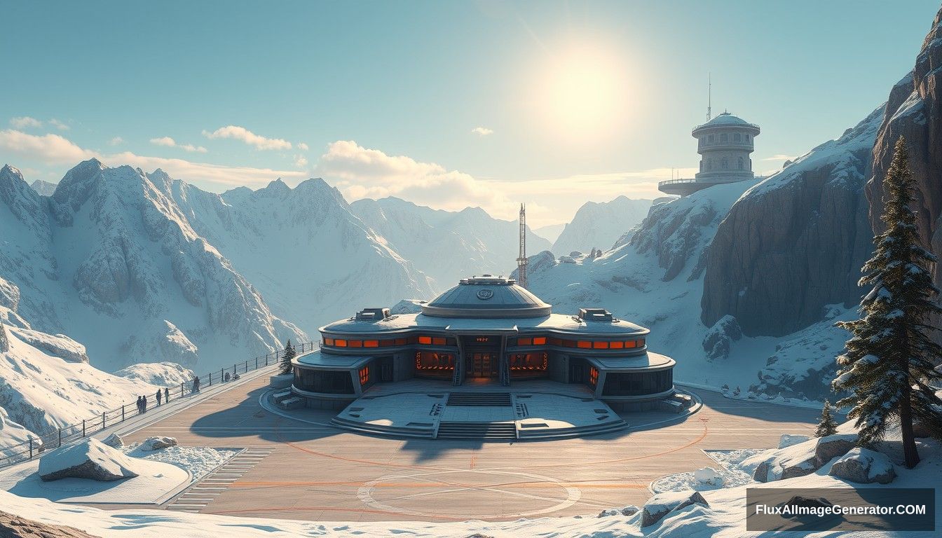 Cel shaded art, wide shot, a sci-fi center on the top of a snowy mountain, open air, close look, cyberpunk, military base, Star Wars style, indoor, patio, morning, sunlight, fortress, mountain, rock, snow, tarmac, parking apron, cave, tree, landing field, cliff, round shape, tower.