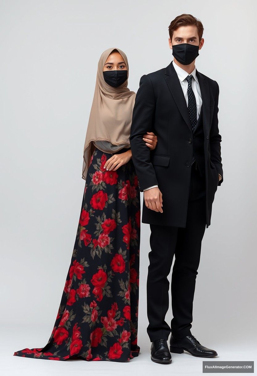 A biggest black hijab girl, beautiful eyes, face mask black, biggest red floral longest dress, not tall, standing near him, love holding his arm,

Jamie Dornan body and face shot, handsome, youngest, face mask black, fit and tough body, black coat suit, white shirt, black patterned tie, tall man, black shoes, love standing near her, love couple

Hyper realistic, studio photography, photorealistic. - Image