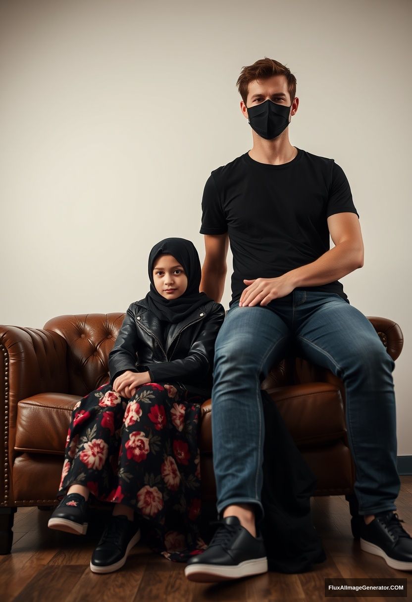 A girl wearing a black hijab and burqa, petite, with beautiful eyes, dressed in a black leather jacket and the largest floral long dress, with black leather sneakers, is sitting on a leather single wing sofa. Jamie Dornan, in a black T-shirt, jeans, and black leather sneakers, is a tall man wearing a black face mask, with a fit body, seated near her. The scene is hyper-realistic, styled as studio photography.