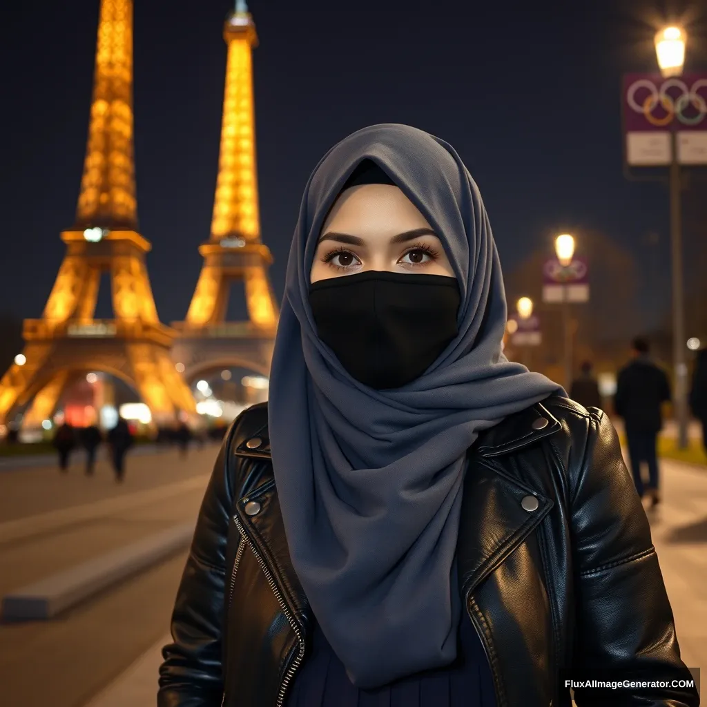 A big grey hijab Muslim girl, beautiful eyes, black face mask, black leather jacket, the biggest and longest skirt, standing near the Eiffel Tower with Olympic logos, night scenery, hyper-realistic, street photography.