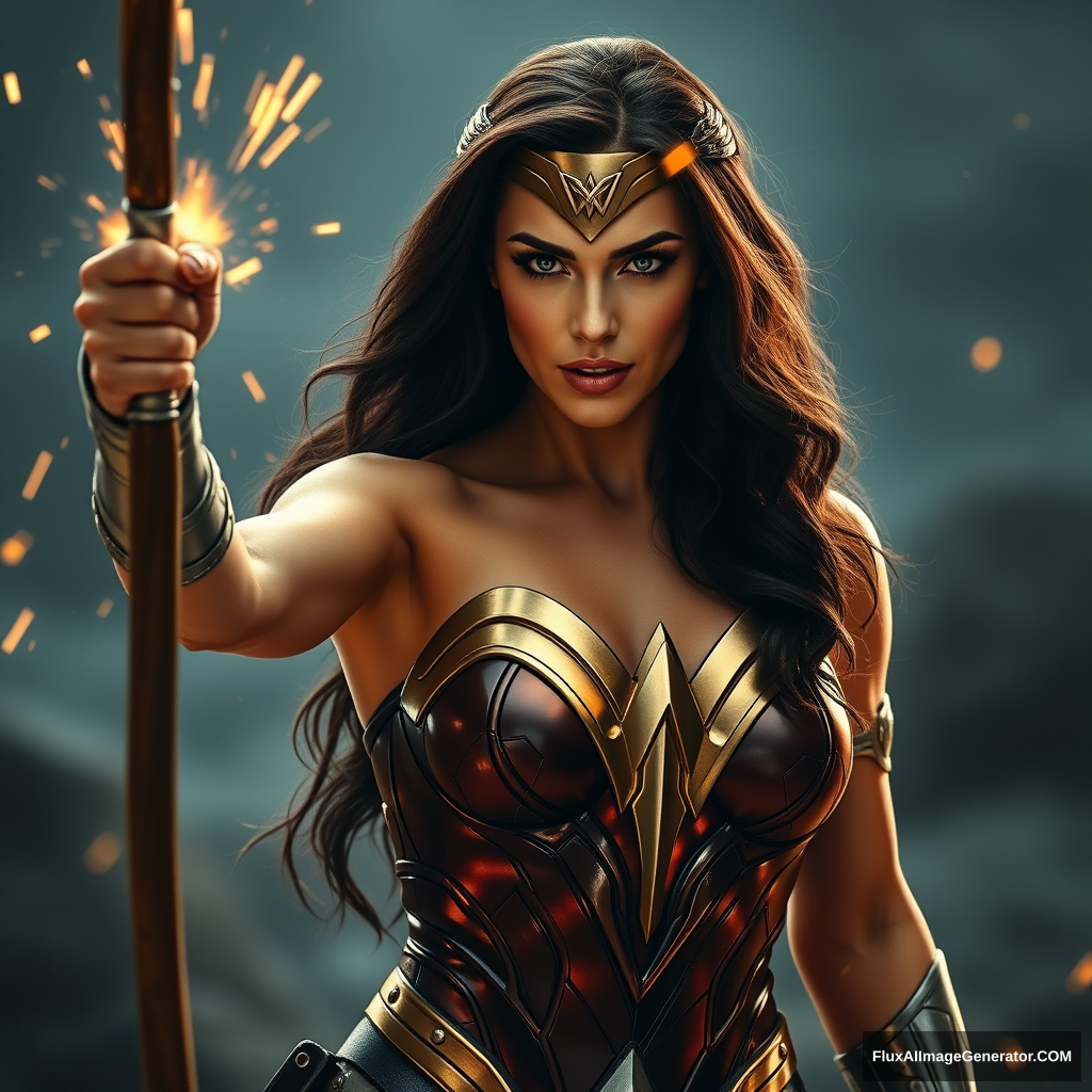 Wonder Woman real life (Gal Gadot), cracking her golden glowing whip, hyper-realistic photo, dramatic.