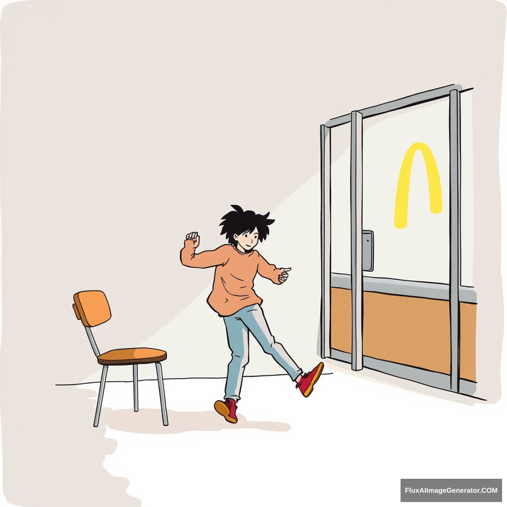 "A person throws a chair, stamps their foot, and then runs to the entrance of McDonald's to sulk?" - Image