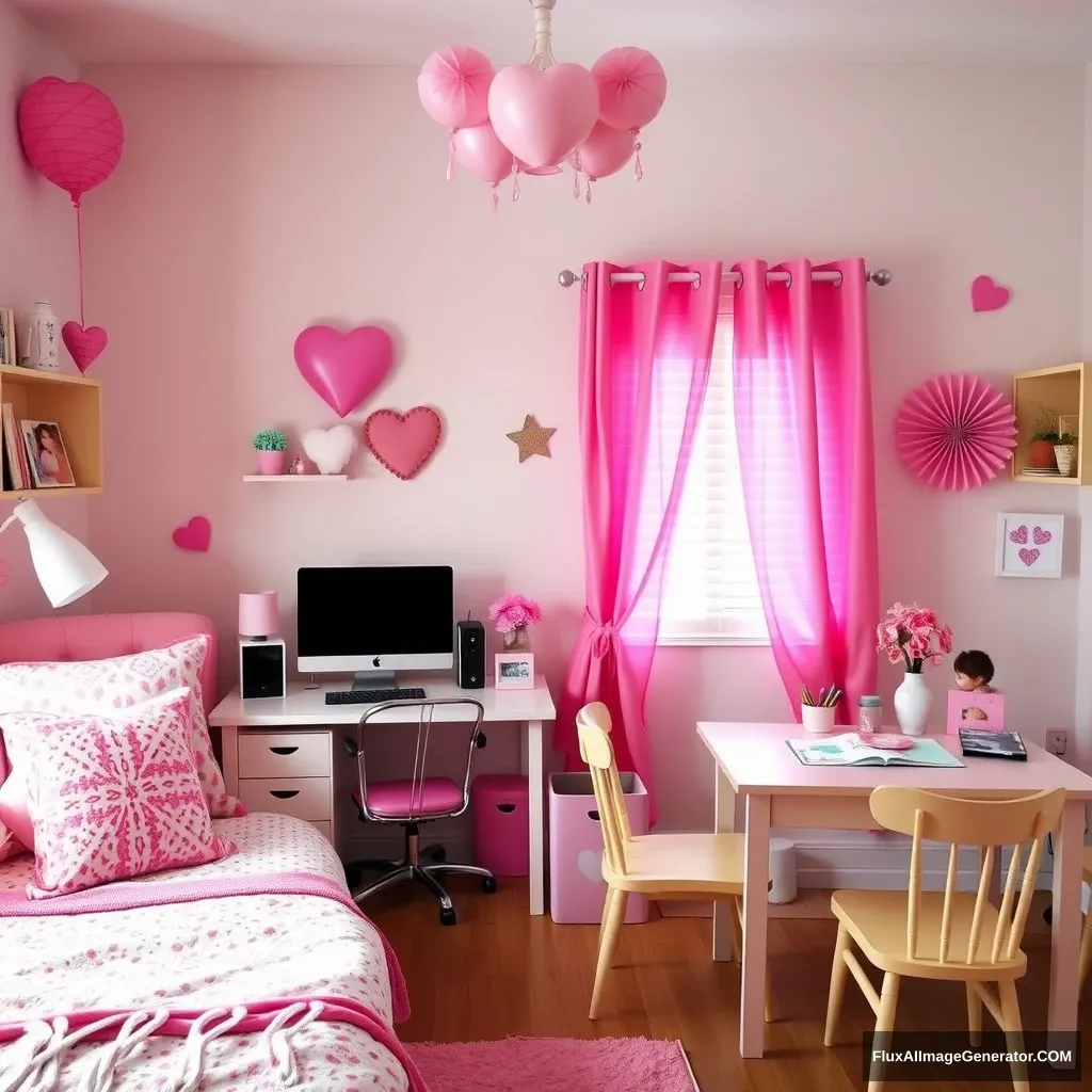 Make a girl's room warm and cozy, with pink furniture and decorations, a computer, mobile phone, pillows, tables, and chairs.