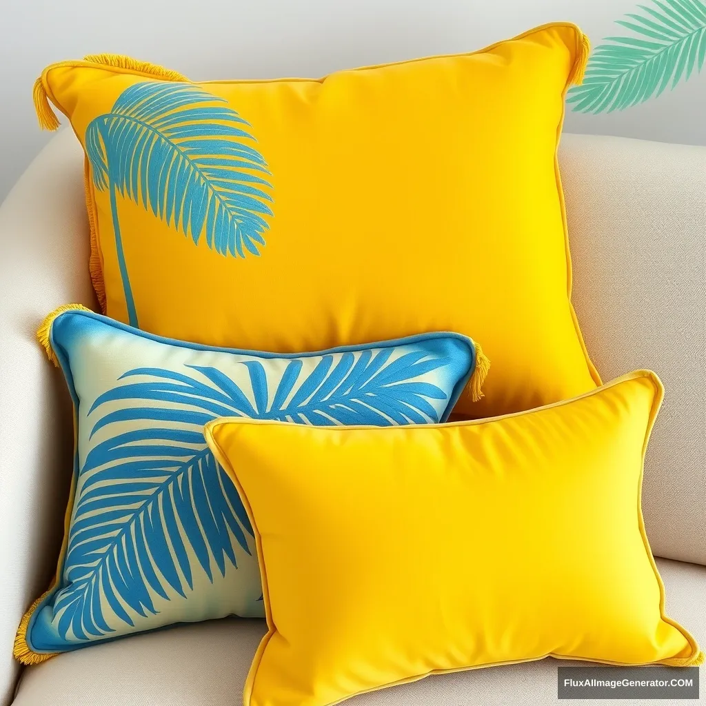 Yellow and blue pillows with fake palm made from pillows. - Image