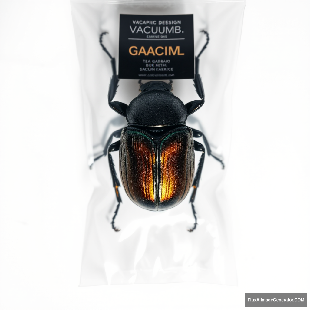 A top-down view captures a scarab beetle encased in a transparent vacuum bag, adorned with a sleek graphic design label. The sharp focus highlights intricate details of the beetle's iridescent shell against a pristine white background, enhanced by soft studio lighting that creates subtle shadows, emphasizing depth and texture.