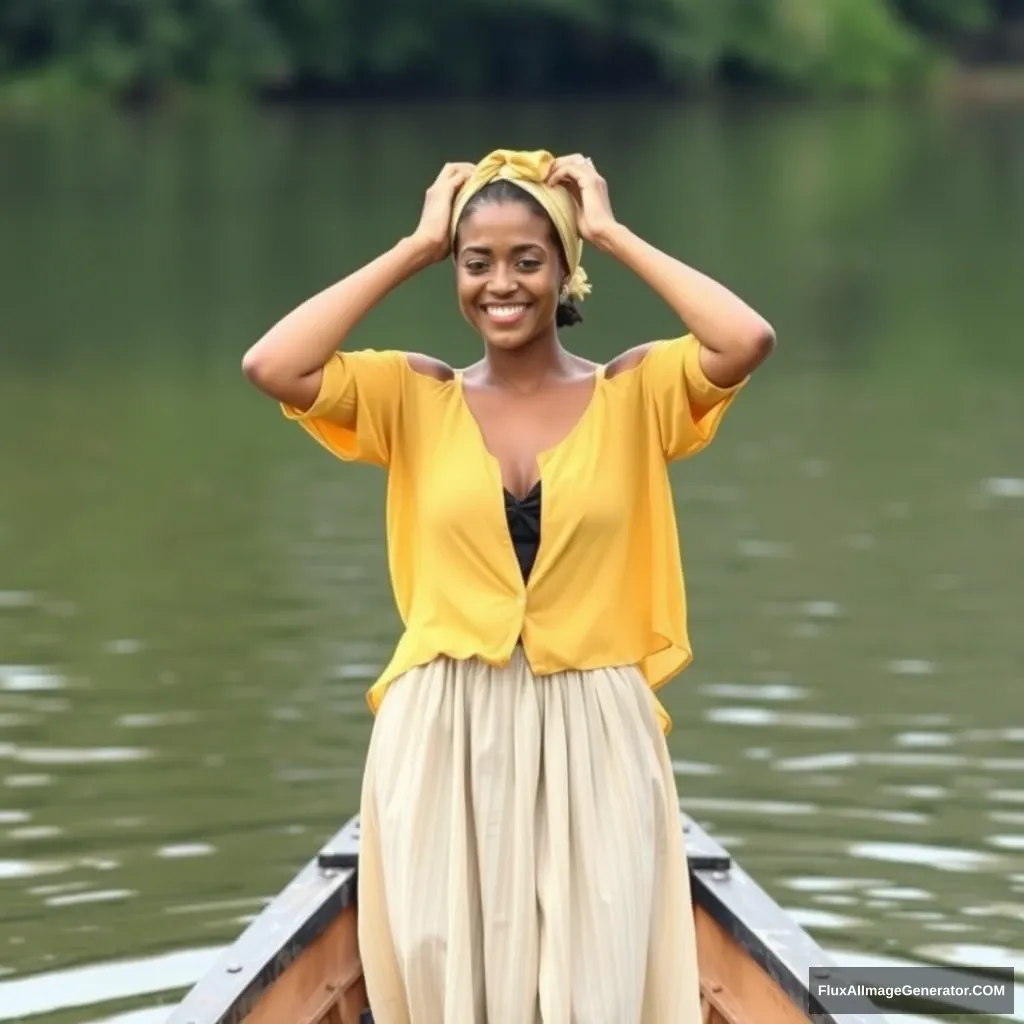 "In a rowing boat on a river, a standing woman in a light skirt and a yellow open blouse, smiling with bare shoulders, tying a headscarf with her hands." - Image