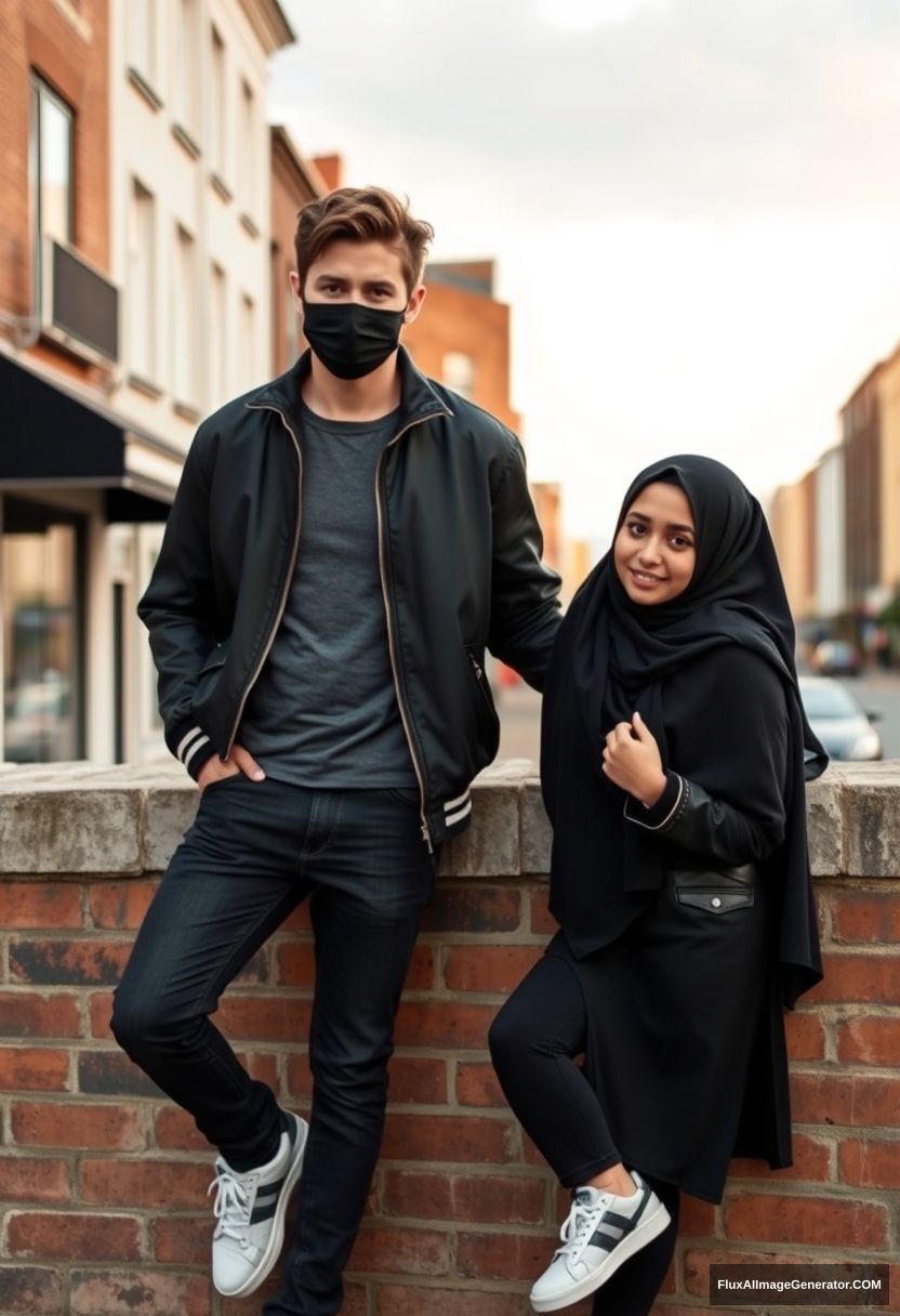 Jamie Dornan, handsome, young, wearing a black face mask, a collage jacket, and jeans, dating a beautiful Muslim girl in a big black hijab with beautiful eyes, also wearing a black face mask, a black leather jacket, and sneakers, standing or laying at a brick wall in a town with a morning scenery, photorealistic, street photography. - Image