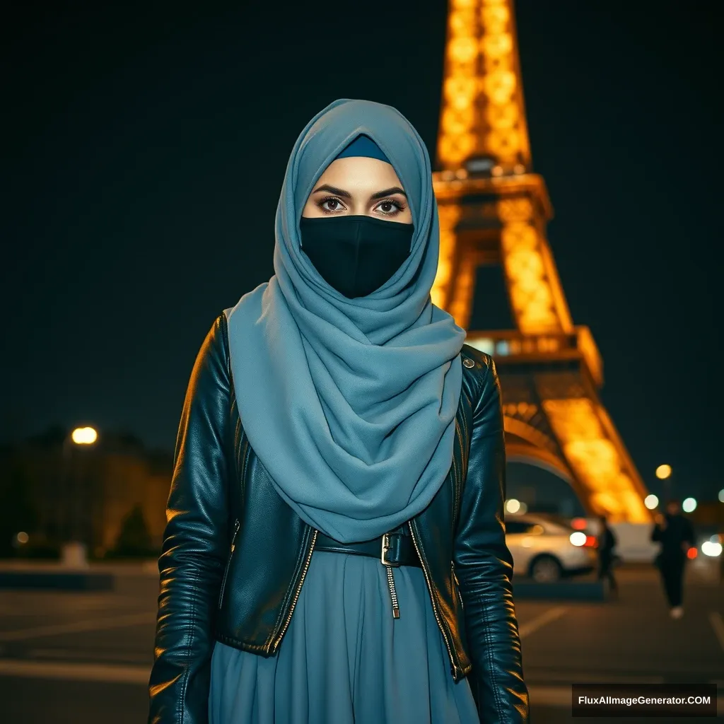 Biggest grey hijab Muslim girl, beautiful eyes, face mask black, leather jacket, biggest longest skirt, standing near Eiffel Tower, night scenery, hyper realistic, photorealistic, street photography.